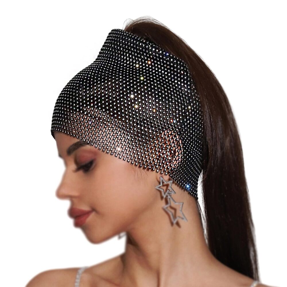 1064 Sparkly Rhinestone Mesh Turban Hat Knot Pleated Head Wrap Shiny